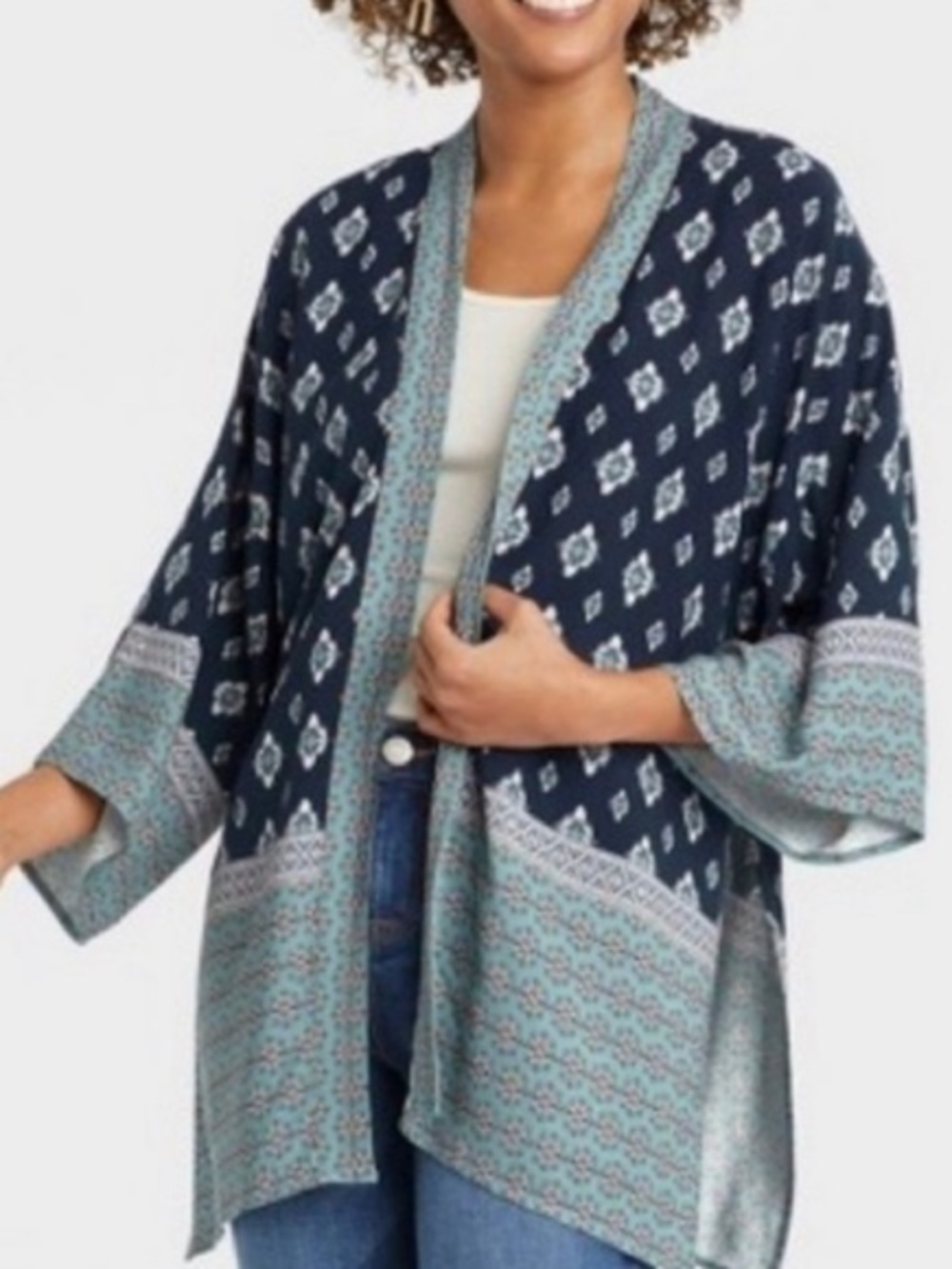 Knox Rose 🌹 Navy Blue & White Patterned Open Cardigan